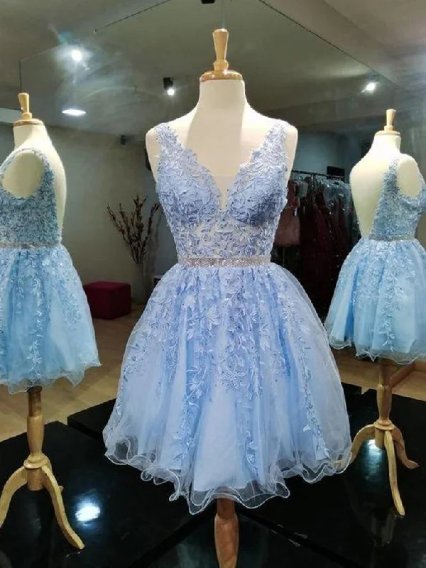 Light Blue V-neckline Knee Length Short Party Dress, Blue Homecoming Dresses Tunics Hiking breathable Light Blue V-neckline Knee Length Short Party Dress, Blue Homecoming Dresses Tunics Hiking breathable