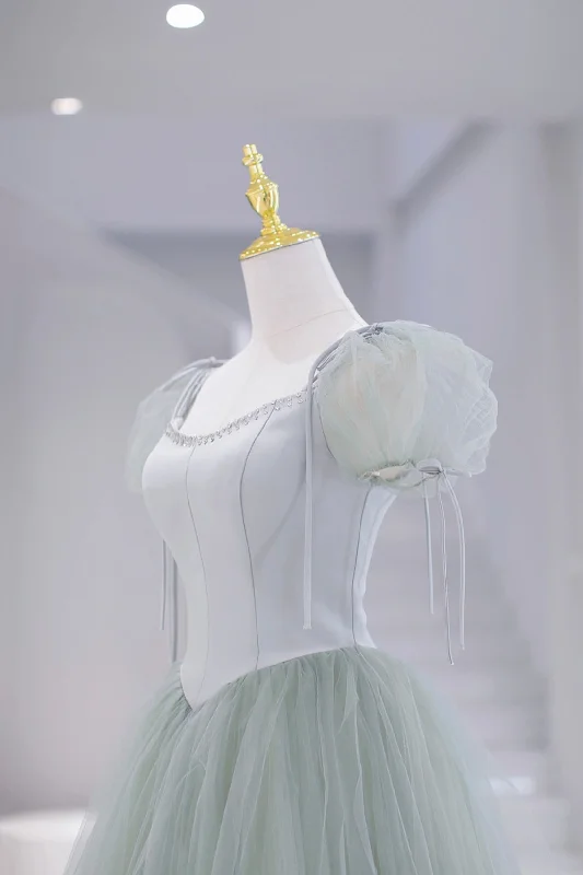 Lovely Tulle Floor Length Prom Dress, A-Line Short Sleeve Evening Party Dress Peplum Ruffle Cocktail