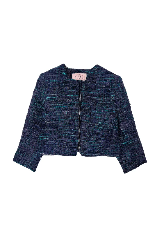 Buru x Tori Mellott Cardigan Blazer - Purple Silk Tweed Solid Print Embellished