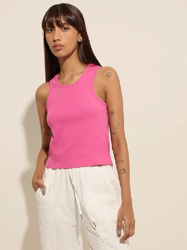 Studiofit Pink Ribbed-Textured Cotton-Blend Tank Top long tank top