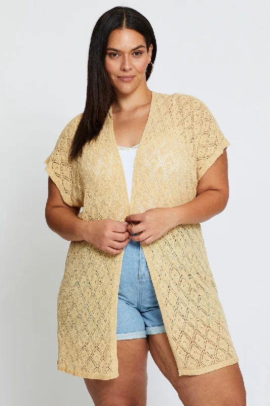 Beige Knit Cardigan Crochet Short Sleeve Plaid Cardigan Polka Dot Checkered
