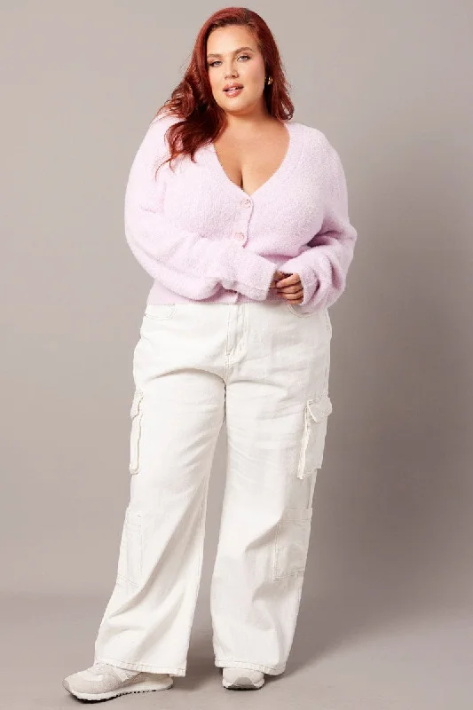 Pink Fluffy Knit Cardigan Long Sleeve V-neck Stretchy Elastic Breathable