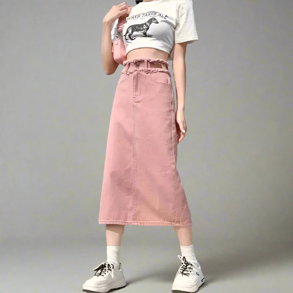 Y2K Denim Midi Skirt with Split Hem – Acubi Aesthetic leather skirt modern