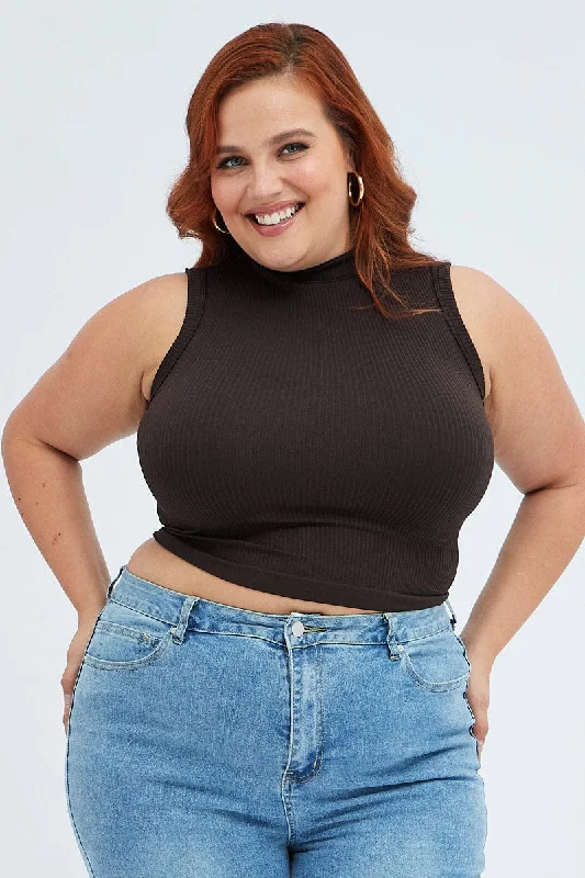 Brown Tank Top High Neck Seamless fitted tank top