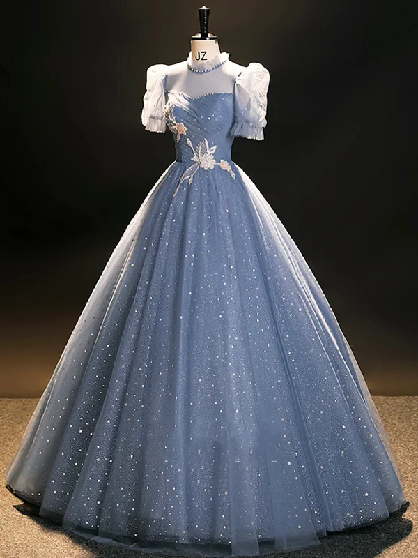 Blue Tulle Long A-Line Prom Dress, Beautiful Short Sleeve Evening Party Dress Tunics Cozy soft Blue Tulle Long A-Line Prom Dress, Beautiful Short Sleeve Evening Party Dress Tunics Cozy soft