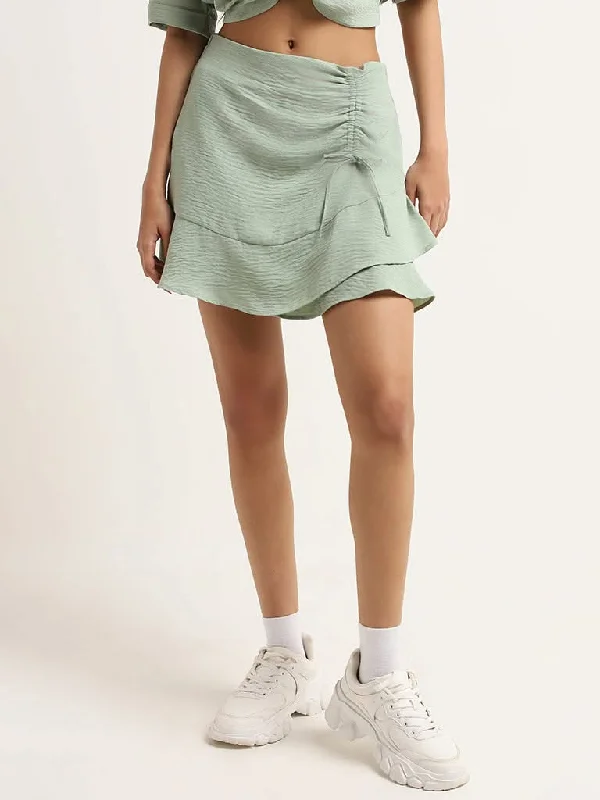 Nuon Green Ruched Drawstring Skirt belted skirt waist