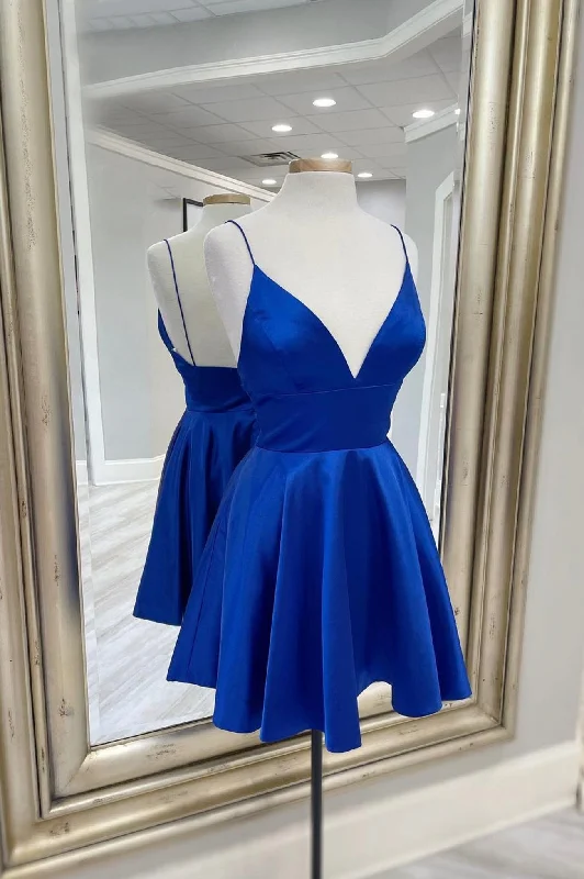 Blue V-Neck Satin Short Prom Dresses, A-Line Party Dresses Tunics Luxurious high-end Blue V-Neck Satin Short Prom Dresses, A-Line Party Dresses Tunics Luxurious high-end