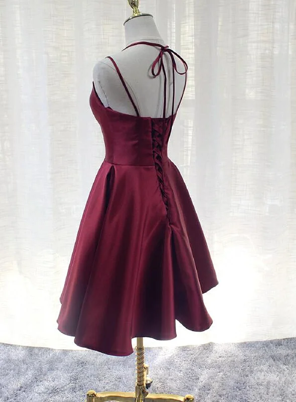 Burgundy Straps V-neckline Short Party Dress , Lovely Satin Homecoming Dress Tunics Sale discount Burgundy Straps V-neckline Short Party Dress , Lovely Satin Homecoming Dress Tunics Sale discount