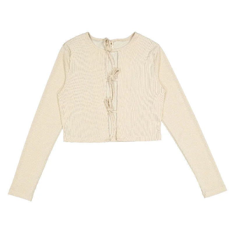 Ava and Lu Beige Bow Cardigan Notch Collar Peter Pan Collar Cowl Neck