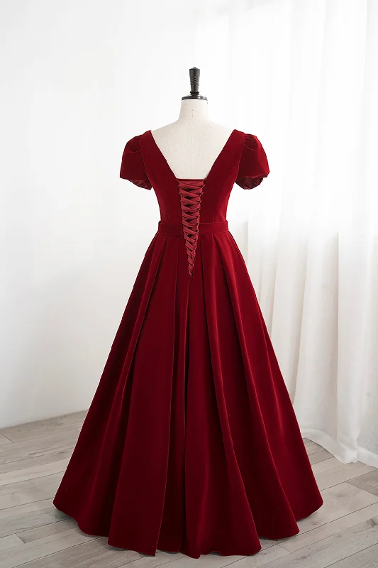 Burgundy Velvet Velvet Long Prom Dress, Cute Short Sleeve Party Dress A-Line Day Work Burgundy Velvet Velvet Long Prom Dress, Cute Short Sleeve Party Dress A-Line Day Work