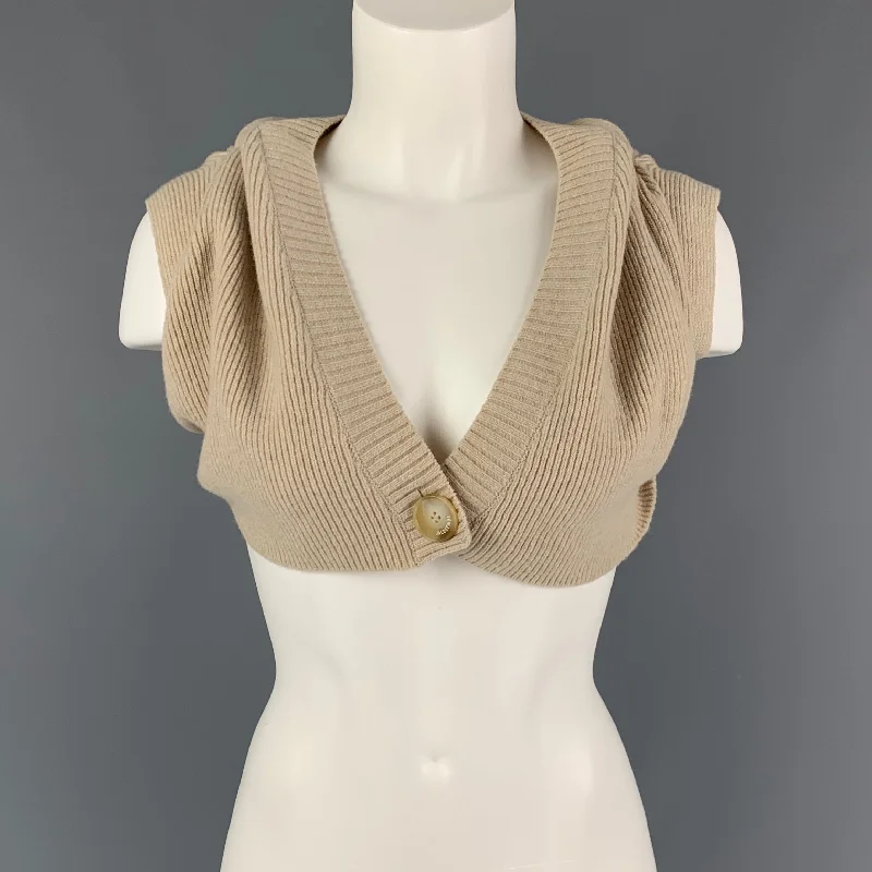 JACQUEMUS Size 0 Oatmeal Virgin Wool Blend Valerie Off The Shoulder Cardigan Faux Fur Fabric Real Fur Fabric Shearling Fabric