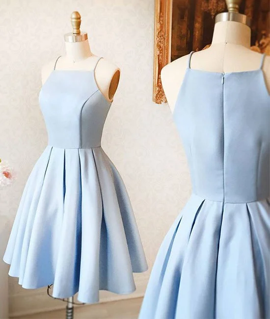 cute a line halter light blue short homecoming prom dress short simple satin baby blue party dress sweetheart Neckline Romantic cute a line halter light blue short homecoming prom dress short simple satin baby blue party dress sweetheart Neckline Romantic