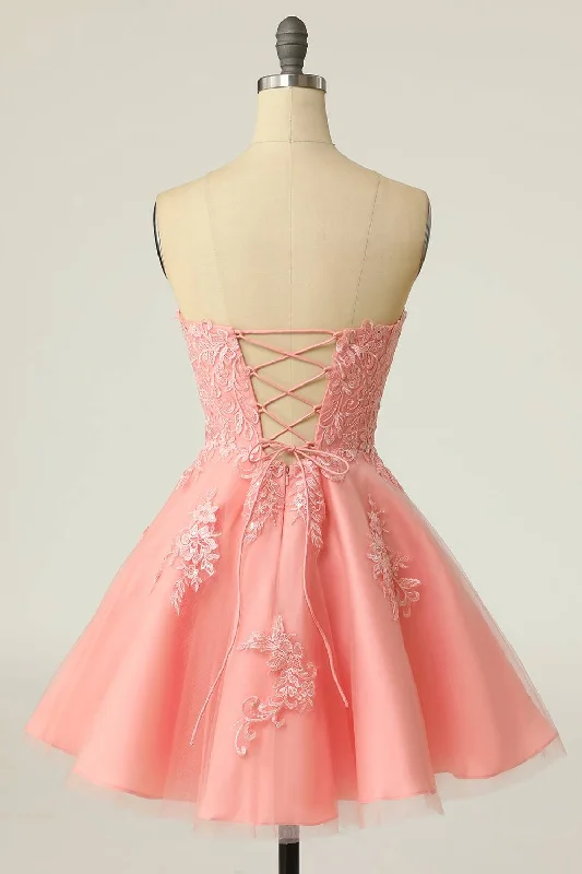 Strapless Pink Lace Appliues A-Line Short Party Dress Tunics Luxurious high-end
