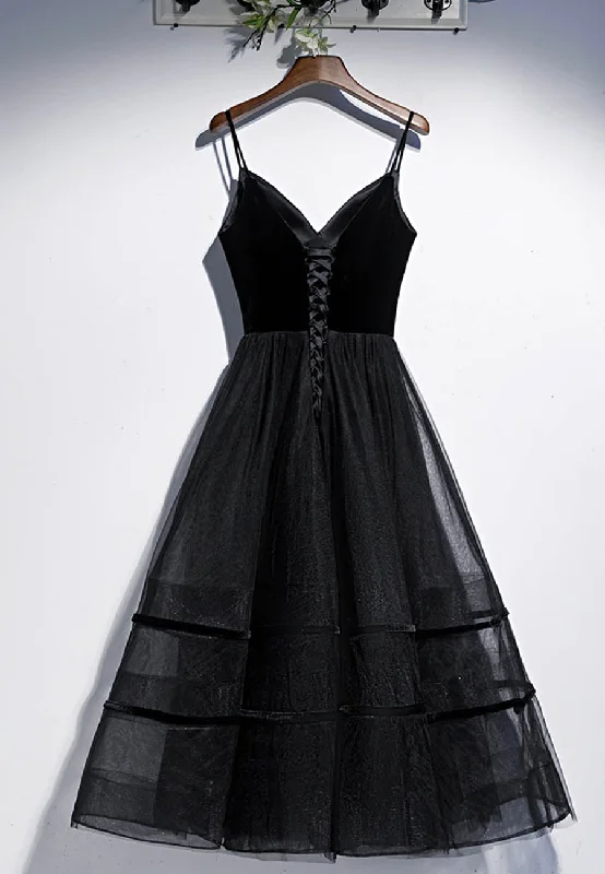 Black Velvet Tulle Short Prom Dresses, A-Line Party Dresses Glittery Long Formal