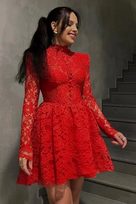 Red A-Line Short Lace Long Sleeve Cocktail Dress Party Dresses Crew Neckline Sporty