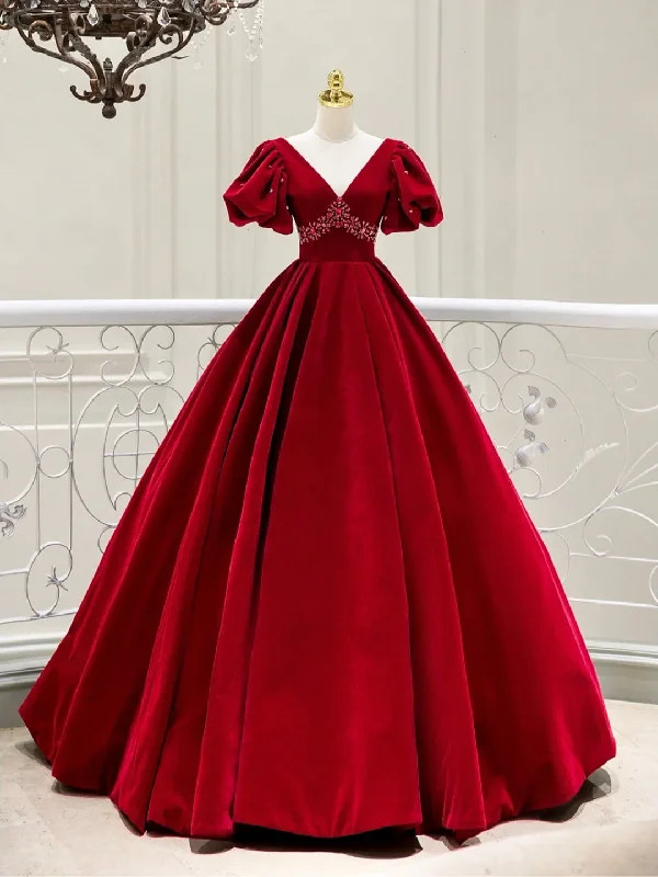 Burgundy Velvet V-Neck Long Formal Dress, A-Line Short Sleeve Evening Party Dress Tunics Practical durable Burgundy Velvet V-Neck Long Formal Dress, A-Line Short Sleeve Evening Party Dress Tunics Practical durable