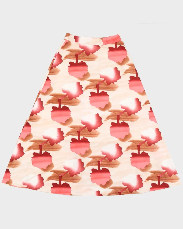 Vintage 1970s Pink and Brown Block Print Maxi Skirt - S high waist skirt