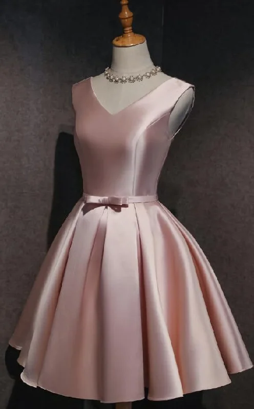 Cute Short Satin Pink V-neckline Knee Length Party Dress, Pink Prom Dress Homecoming Dress Tunics Floral girly Cute Short Satin Pink V-neckline Knee Length Party Dress, Pink Prom Dress Homecoming Dress Tunics Floral girly