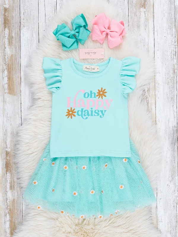 Teal Happy Daisy Outfit w/ Tulle Skirt spandex blend skirt