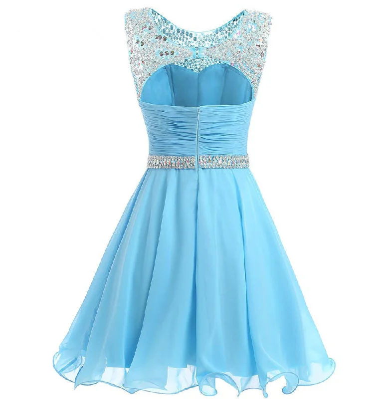 Beaded Chiffon Round Neckline Short Party Dress, Blue Chiffon Homecoming Dresses Off-the-shoulder Chic Trendy Beaded Chiffon Round Neckline Short Party Dress, Blue Chiffon Homecoming Dresses Off-the-shoulder Chic Trendy
