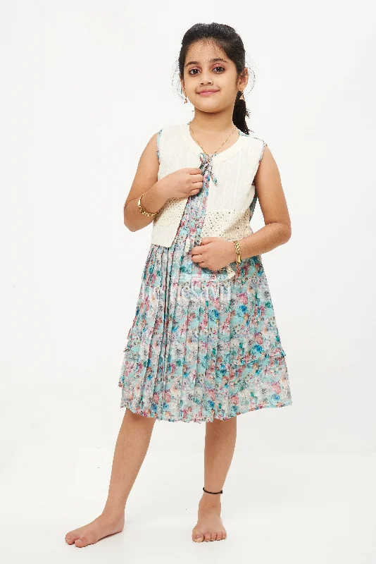 Designer Sleeveless Floral Cotton Frock with Contrast White Jacket Mesh Jacket Canvas Jacket Denim Jacket