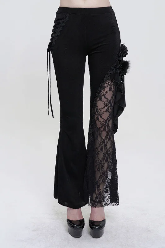 Black Velvet Single Side Stitching Rose Net Side Rope Decoration Asymmetric Pattern Flare Women's Gothic Pants Soft Stretch Pants
