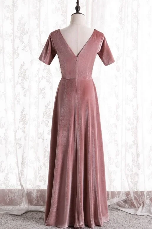 Blush Velvet Long Party Dress with Short Sleeves Halter Neckline Beach