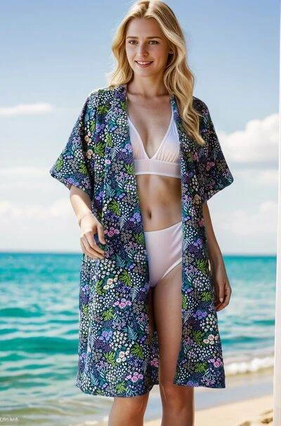 Heimish Full Size Half Sleeve Floral Open Cardigan Plus Size Glossy Satin Silk