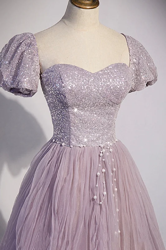 Purple Tulle Long A-Line Prom Dress, Purple Short Sleeve Evening Party Dress Tunics Satin smooth Purple Tulle Long A-Line Prom Dress, Purple Short Sleeve Evening Party Dress Tunics Satin smooth