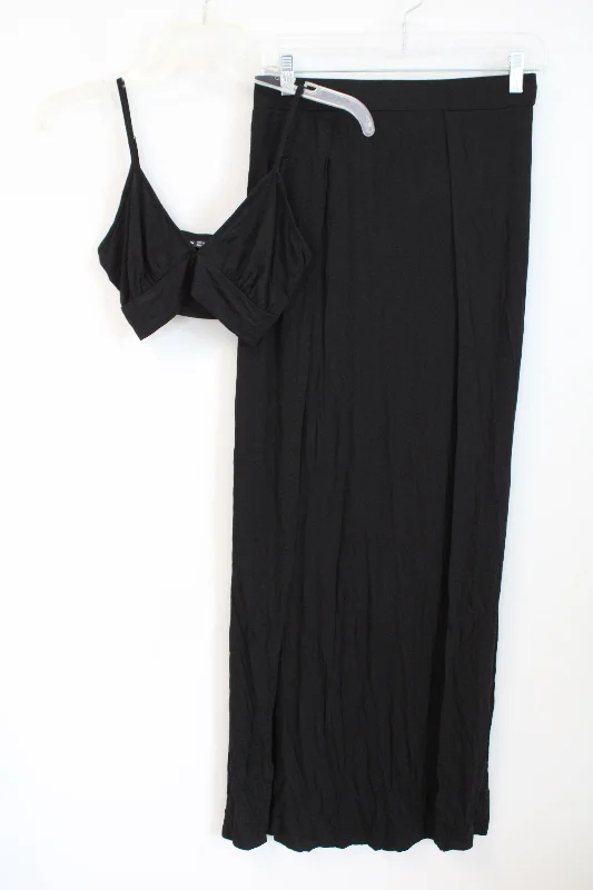 Shein Black Bralette & Slit Skirt Set denim skirt casual