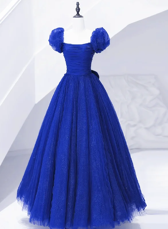 Royal Blue Scoop Tulle Short Sleeves Long Prom Dress, Royal Blue A-Line Party Dress Square Neckline Feminine Royal Blue Scoop Tulle Short Sleeves Long Prom Dress, Royal Blue A-Line Party Dress Square Neckline Feminine