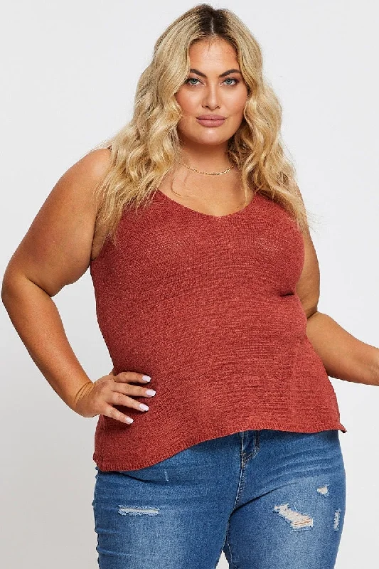 Brown Sleeveless Tank V-neck Knit bright tank top