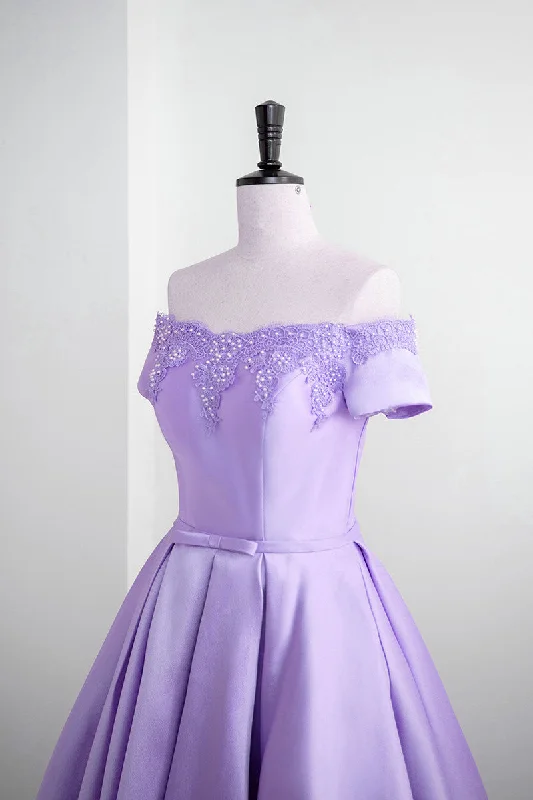 Light Purple Satin Short Party Dress with Lace, Cute Short Homecoming Dress Tunics Bridal satin Light Purple Satin Short Party Dress with Lace, Cute Short Homecoming Dress Tunics Bridal satin