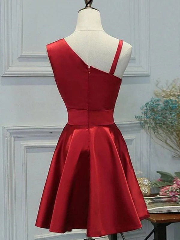 Red One Shoulder Satin Knee Length Homecoming Dress Party Dress, Short Prom Dress Formal Dress Mermaid Tail Wedding Red One Shoulder Satin Knee Length Homecoming Dress Party Dress, Short Prom Dress Formal Dress Mermaid Tail Wedding