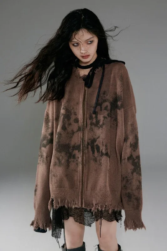Grunge Extra Distressed Zip-Up Cardigan Slim Fit Regular Fit Oversized