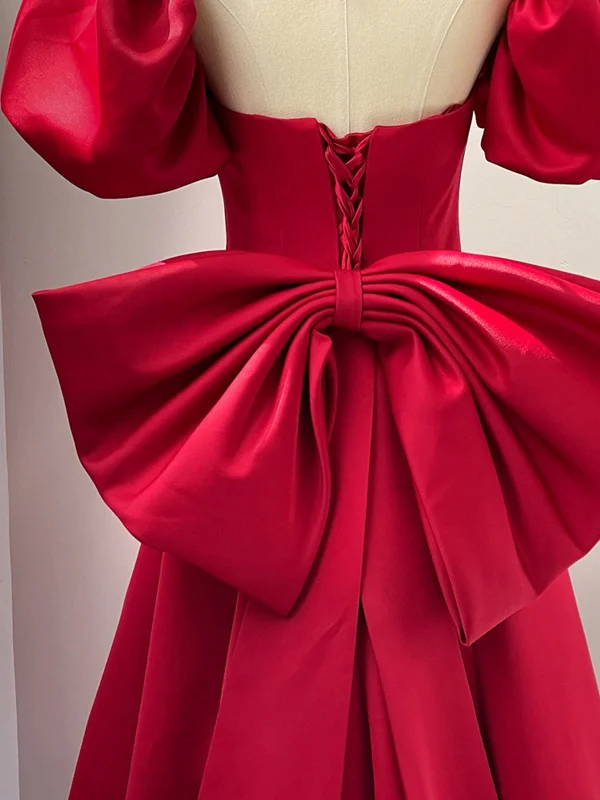 Wine Red Short Sleeves Satin A-line Party Dress, Wine Red Long Prom Dress with Bow Lace Sexy Club Wine Red Short Sleeves Satin A-line Party Dress, Wine Red Long Prom Dress with Bow Lace Sexy Club