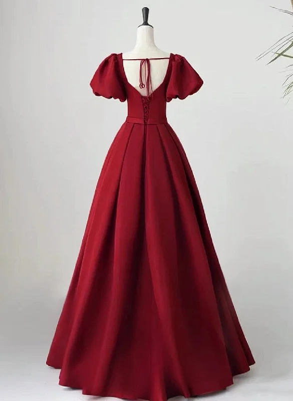 Wine Red Short Sleeves A-line Floor Length Party Dress, Long Prom Dress Turtleneck Warm Winter Wine Red Short Sleeves A-line Floor Length Party Dress, Long Prom Dress Turtleneck Warm Winter