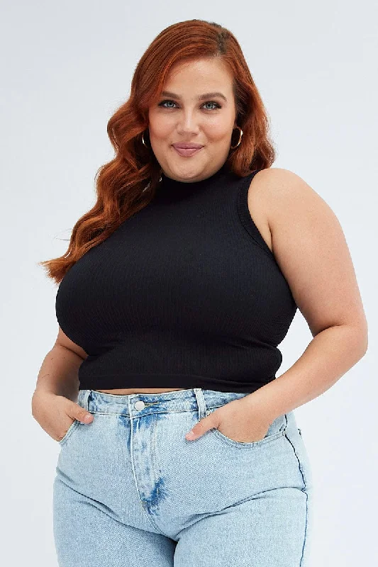 Black Tank Top High Neck Seamless mesh tank top