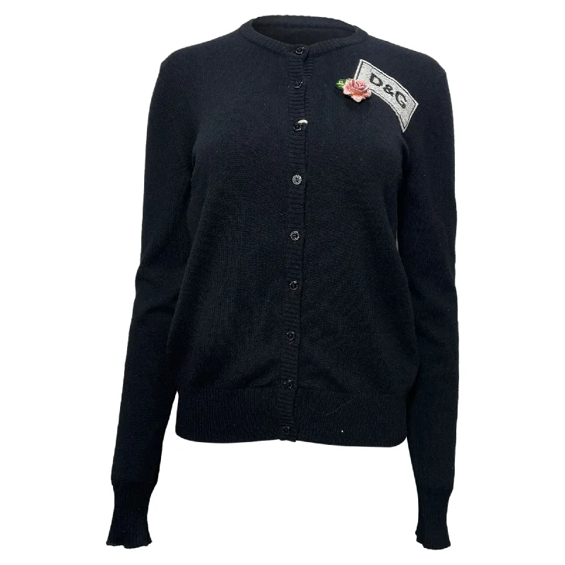Dolce & Gabbana Logo with Flower Brooch Cardigan in Black Wool Open Front Closed Front Wrap Front Dolce & Gabbana Logo with Flower Brooch Cardigan in Black Wool Open Front Closed Front Wrap Front
