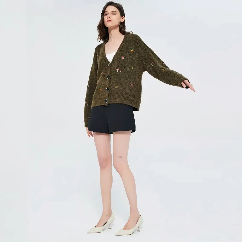 Goblincore Leaf Embroidery Cardigan Patchwork Embroidered Appliqued