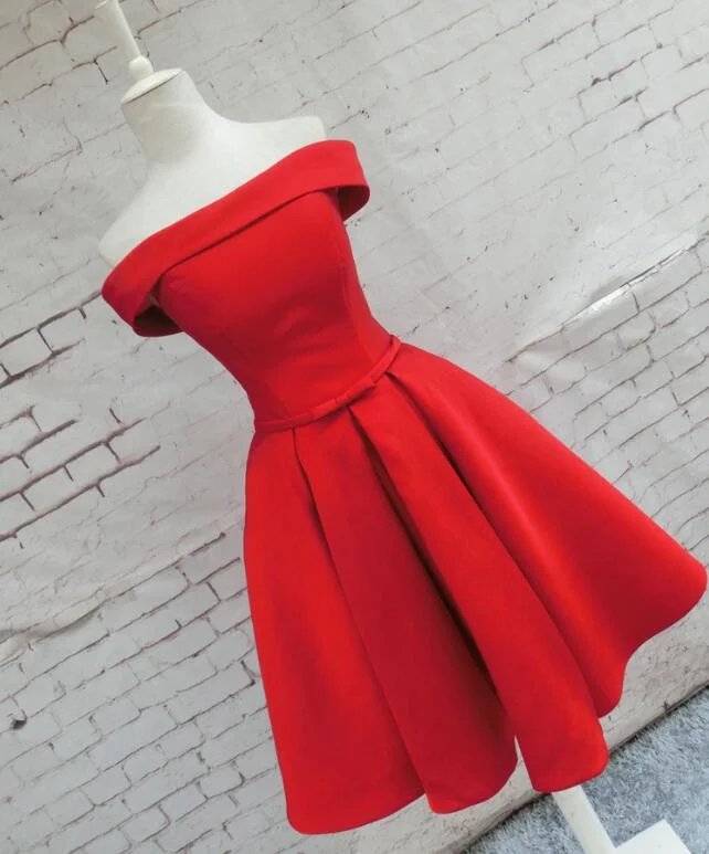 Red Satin Short Party Dress, Red Off Shoulder Homecoming Dress Tunics Summer linen