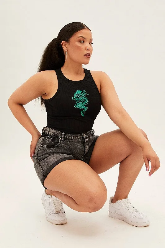 Black Sleeveless Rib Tank Top With Dragon Embroidery coral tank top