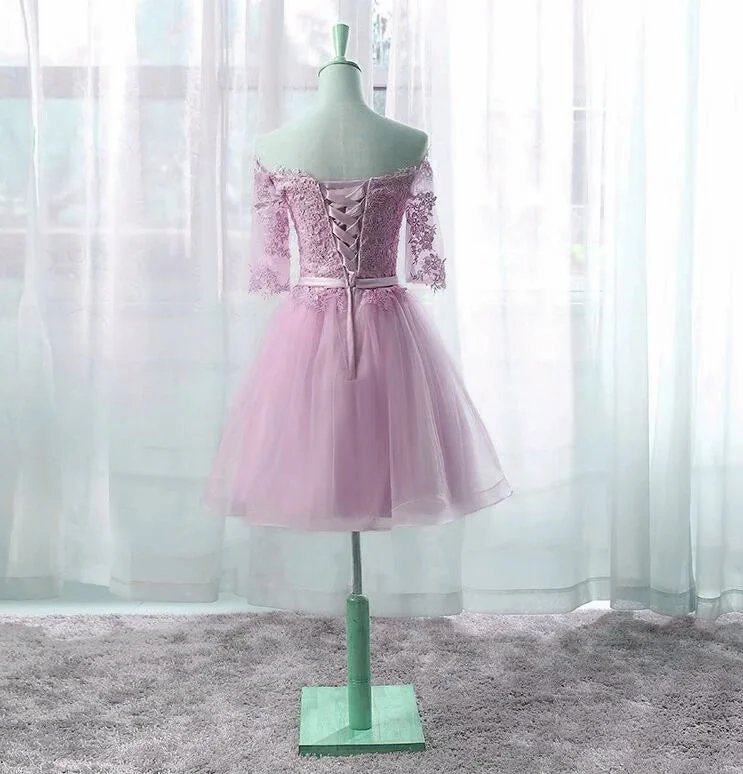 Cute Pink Knee Length Short Sleeves Party Dress, Tulle Prom Dress Tunics Practical durable Cute Pink Knee Length Short Sleeves Party Dress, Tulle Prom Dress Tunics Practical durable