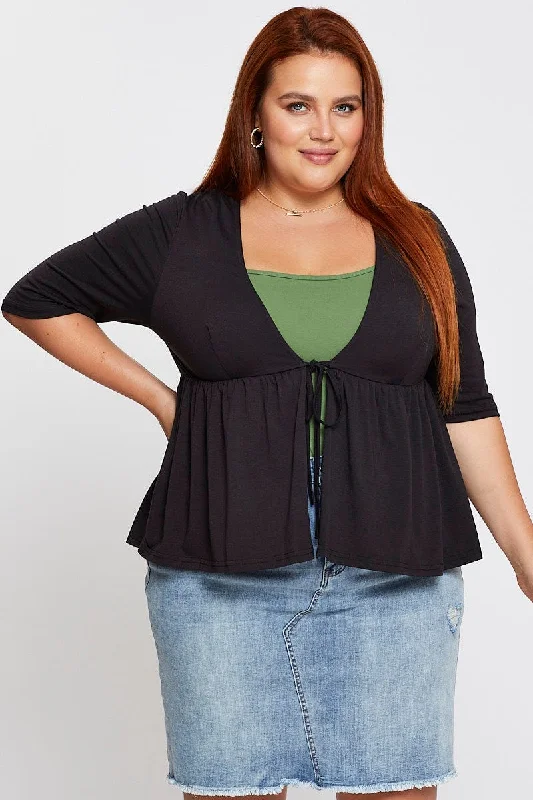 Black Tie Up Cardigan Short Sleeve Jersey Glossy Satin Silk