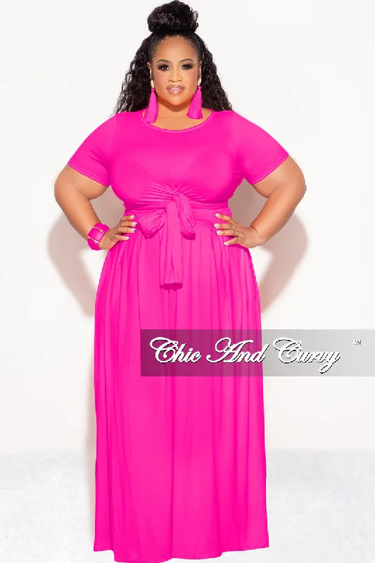 Final Sale Plus Size 2pc Short Sleeve Tie Top and Skirt Set in Fuchsia high waist skirt