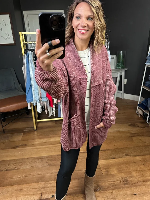 Come Along Textured Pocket Cardigan - Red Bean Ribbed Striped Patterned