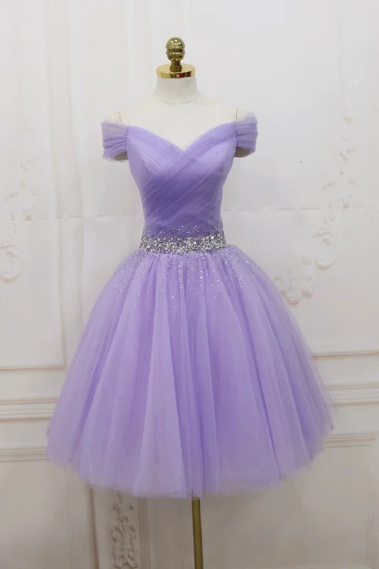 Purple Tulle Beaded Short Prom Dress, Off Shoulder Party Dress Tunics Short Trendy