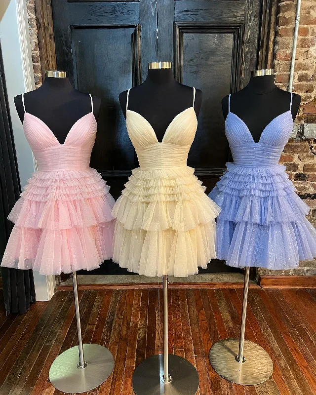 Multi-Tiered V-Neck Backless A-Line Short Party Dress A-Line Day Work