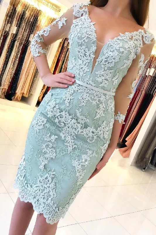 Elegant 3/4 Sleeves Lace Slim Short Party Dress Crew Neckline Casual