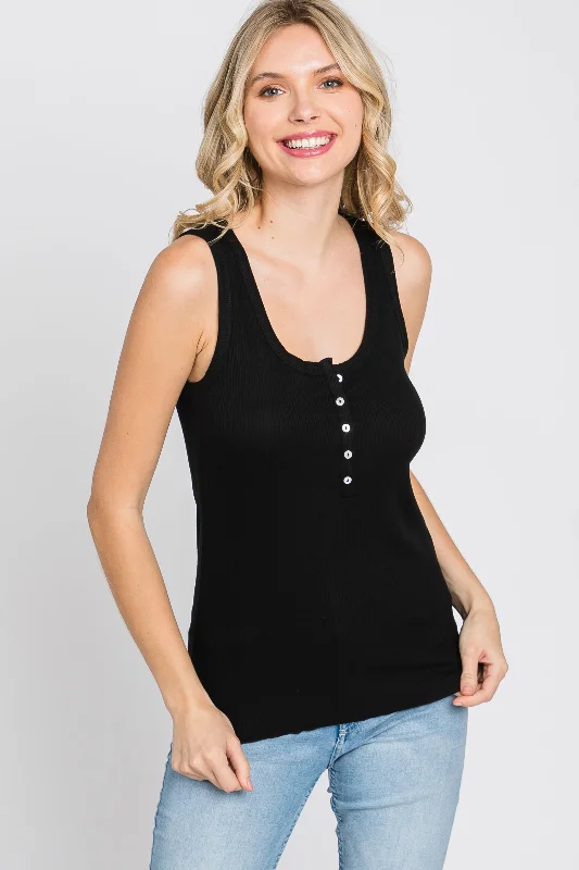 Black Ribbed Button Front Tank Top soft tank top